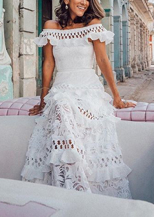 French White Ruffled Hollow Out Lace Maxi Dresses Summer - View 3