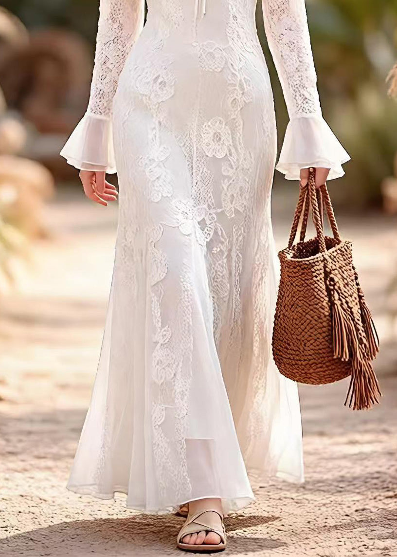 French White Ruffled Patchwork Lace Long Dress Spring - View 4