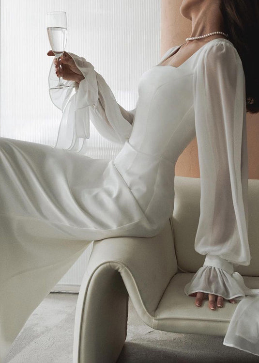 Square Neck Sheer Puff Sleeve Ribbon Tie Cuff Ruffle Trim Maxi Gown - View 4