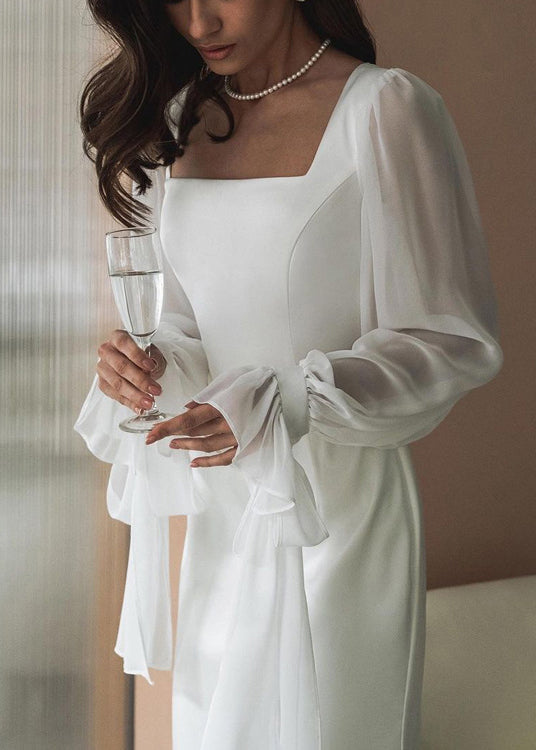 Square Neck Sheer Puff Sleeve Ribbon Tie Cuff Ruffle Trim Maxi Gown - View 5