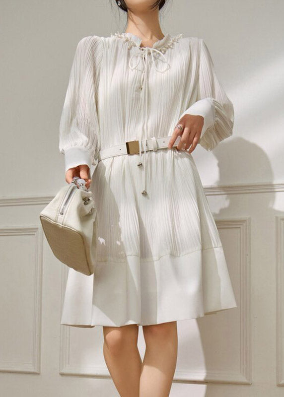 Pleated Pearl Trim Ruffle Collar Tie Neck Belted Mini Dress - View 2
