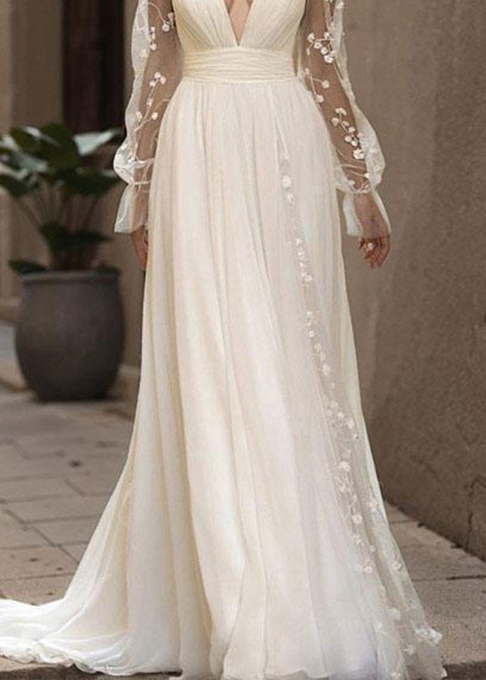 French White V Neck Backless Chiffon Robe Dresses Summer - View 4
