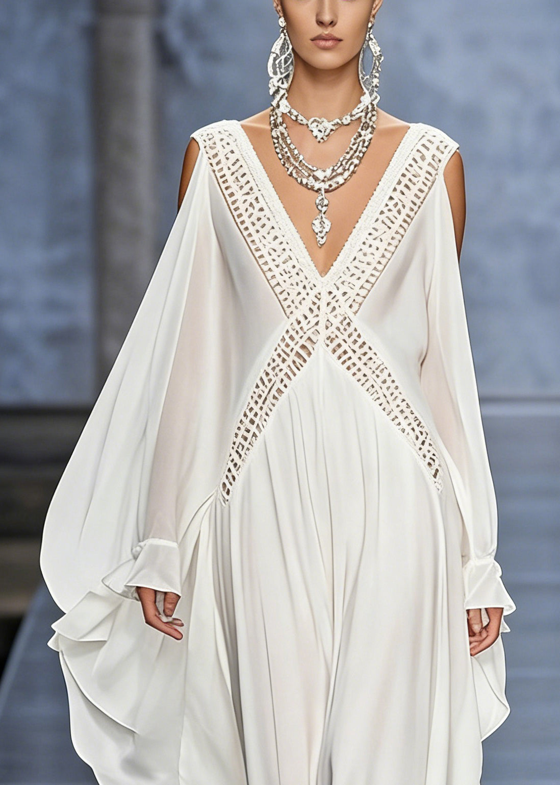 French White V Neck Hollow Out Chiffon Maxi Dresses Butterfly Sleeve - View 2