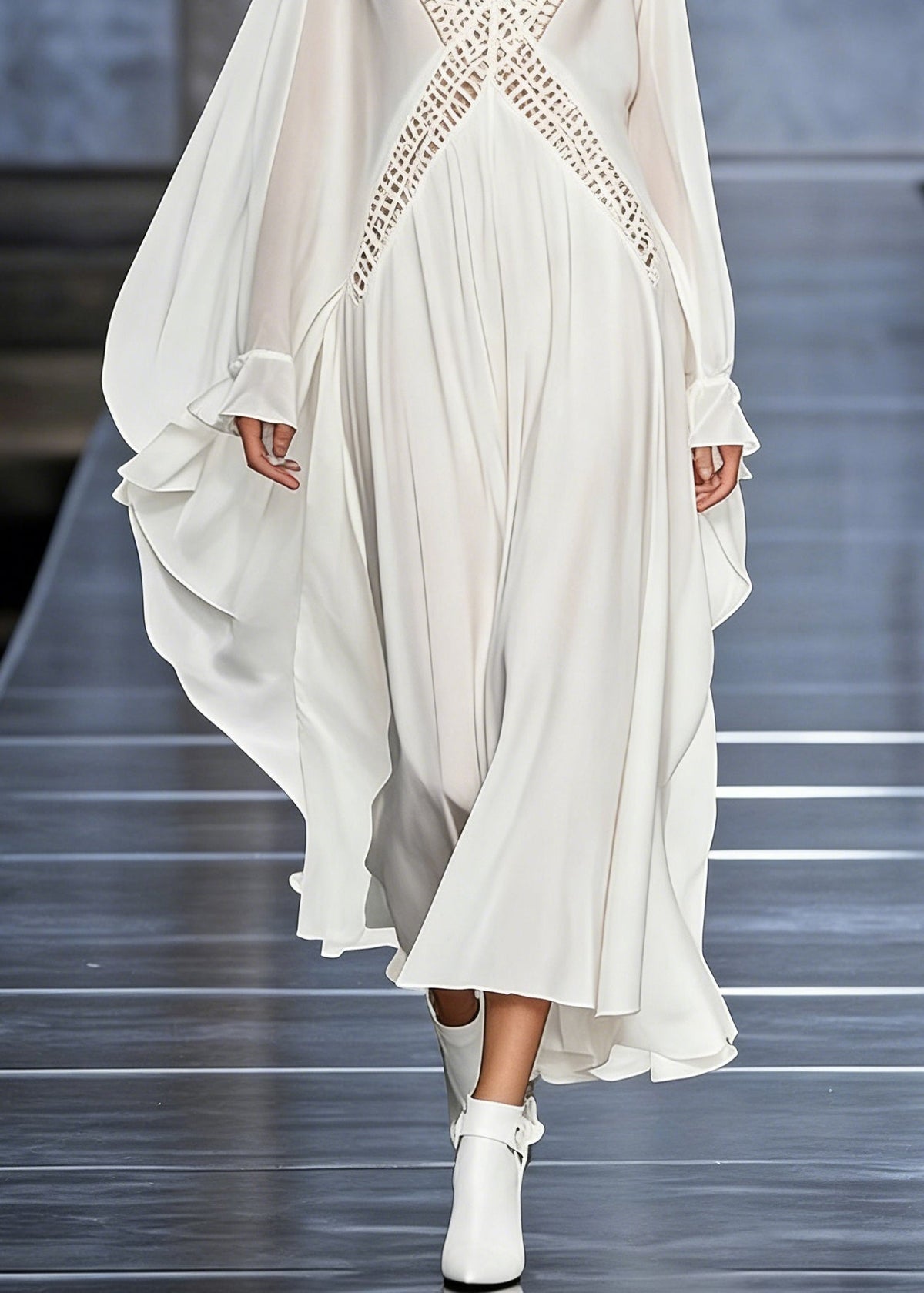 French White V Neck Hollow Out Chiffon Maxi Dresses Butterfly Sleeve - View 4