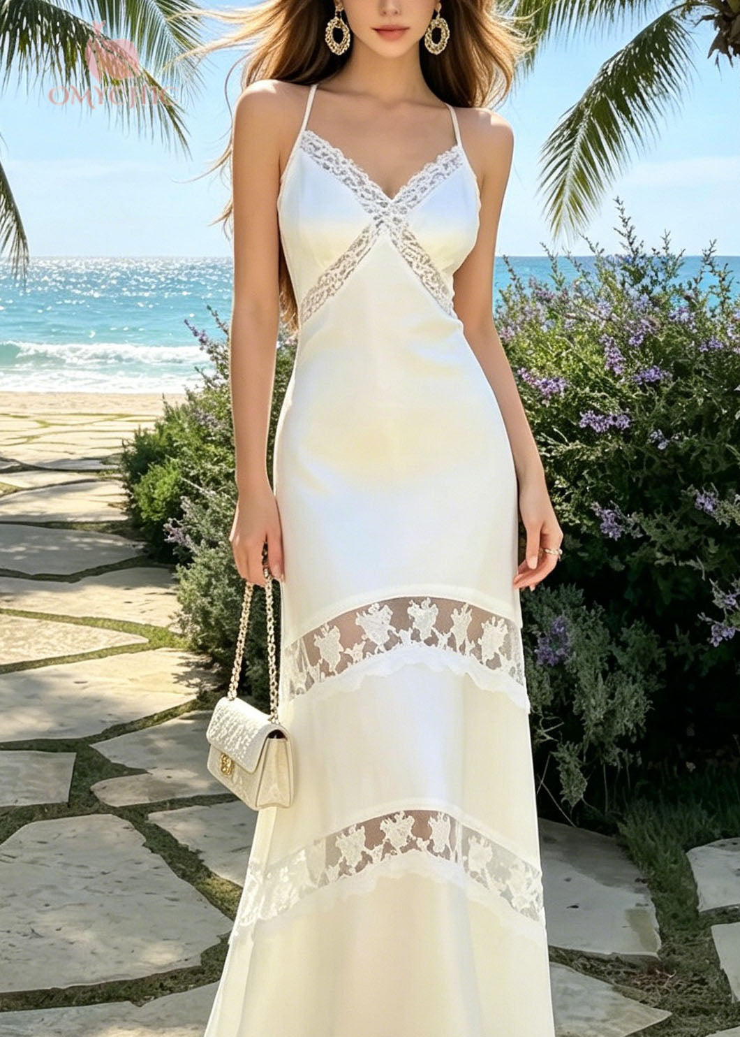 French White V Neck Lace Patchwork Silk Spaghetti Strap Dress Summer - View 2