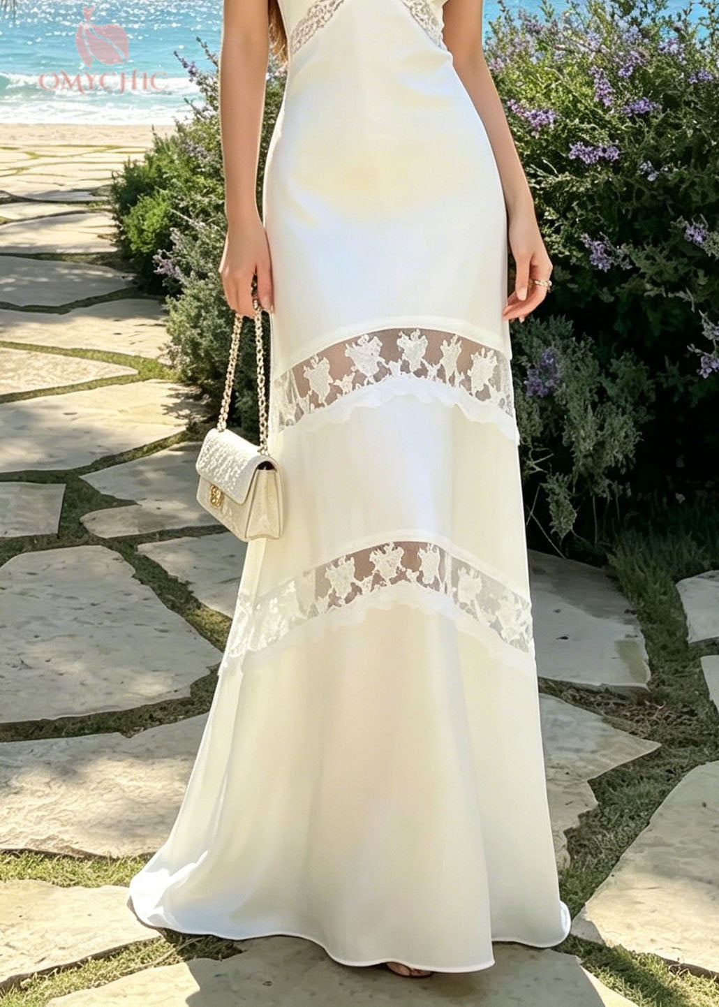 French White V Neck Lace Patchwork Silk Spaghetti Strap Dress Summer - View 4