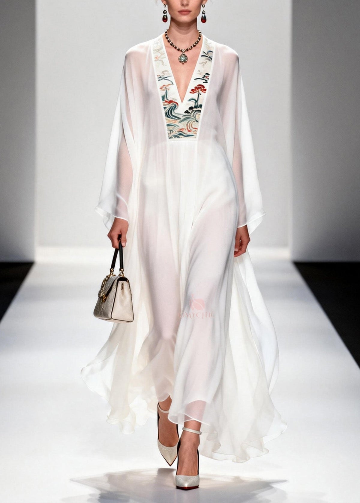 Embroidered Floral Panel Deep V-Neck Bell Sleeve Sheer Maxi Gown