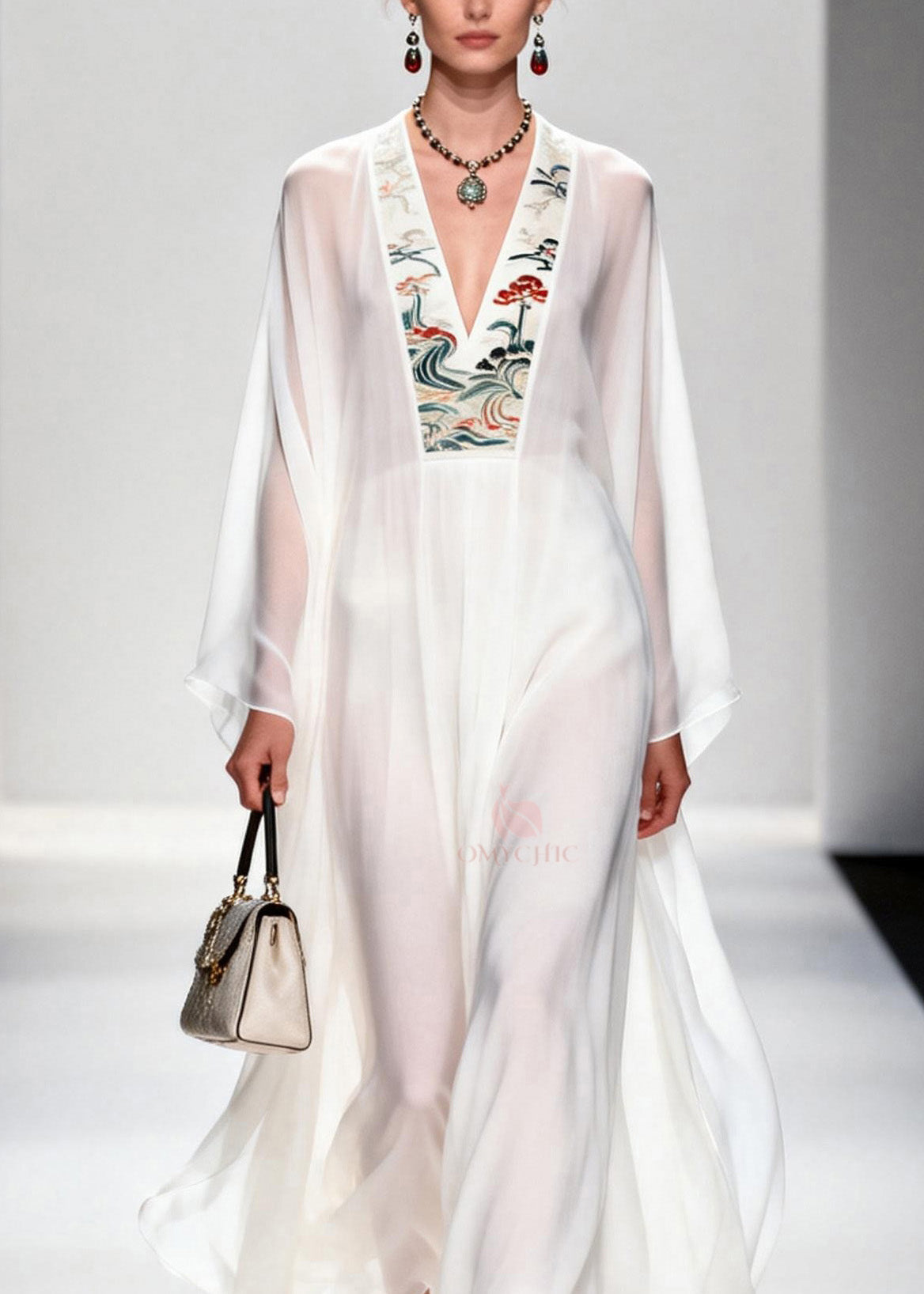 Embroidered Floral Panel Deep V-Neck Bell Sleeve Sheer Maxi Gown - View 2