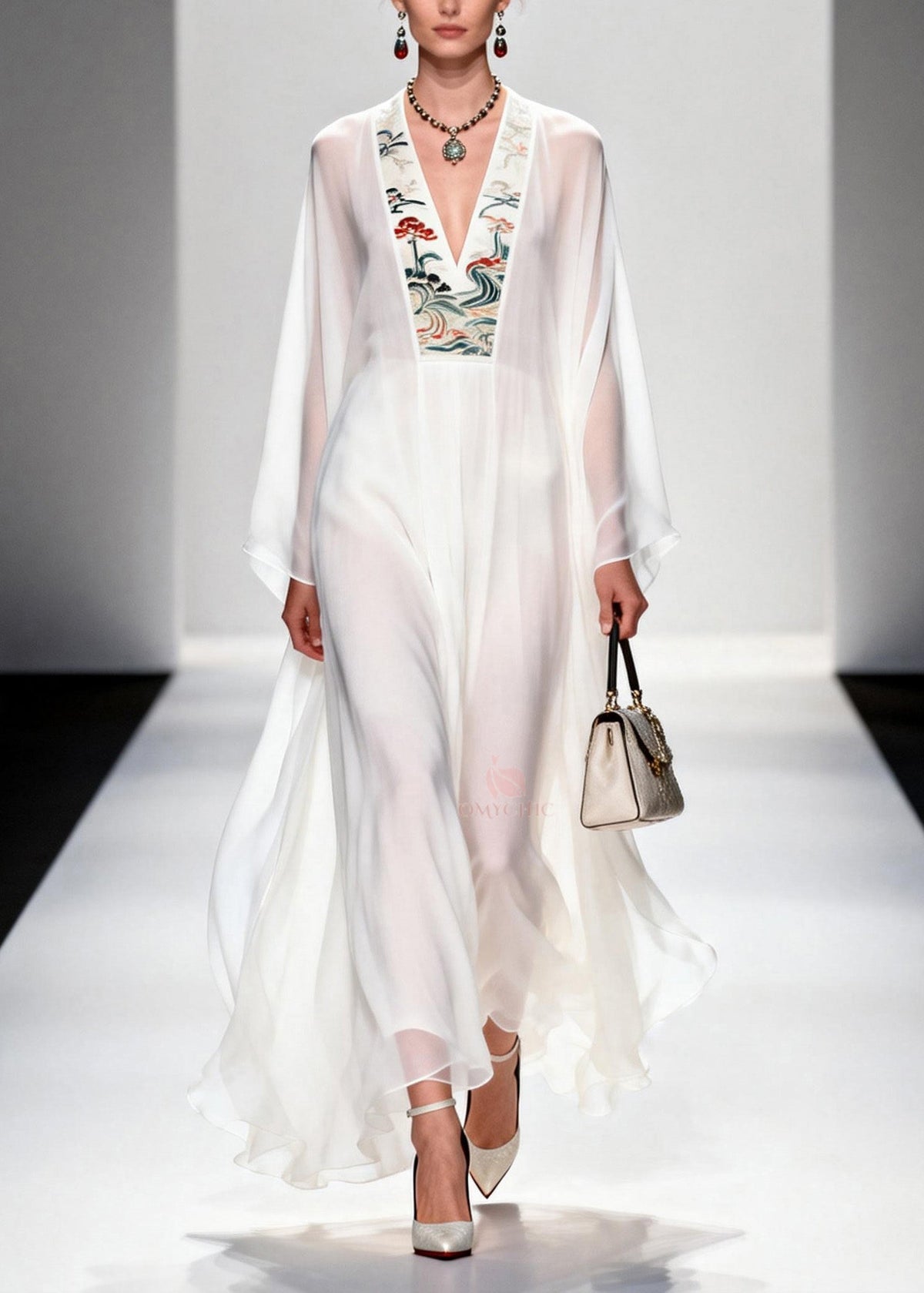 Embroidered Floral Panel Deep V-Neck Bell Sleeve Sheer Maxi Gown - View 3