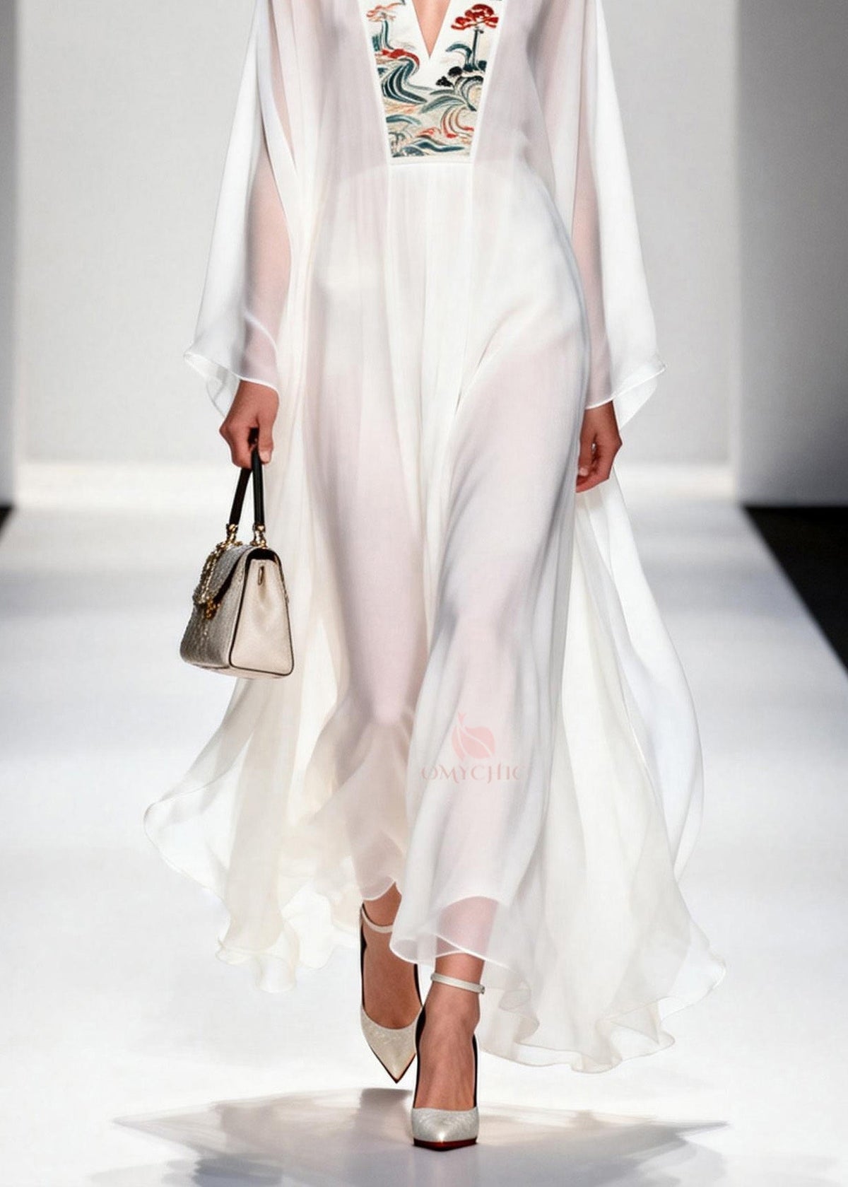 Embroidered Floral Panel Deep V-Neck Bell Sleeve Sheer Maxi Gown - View 4