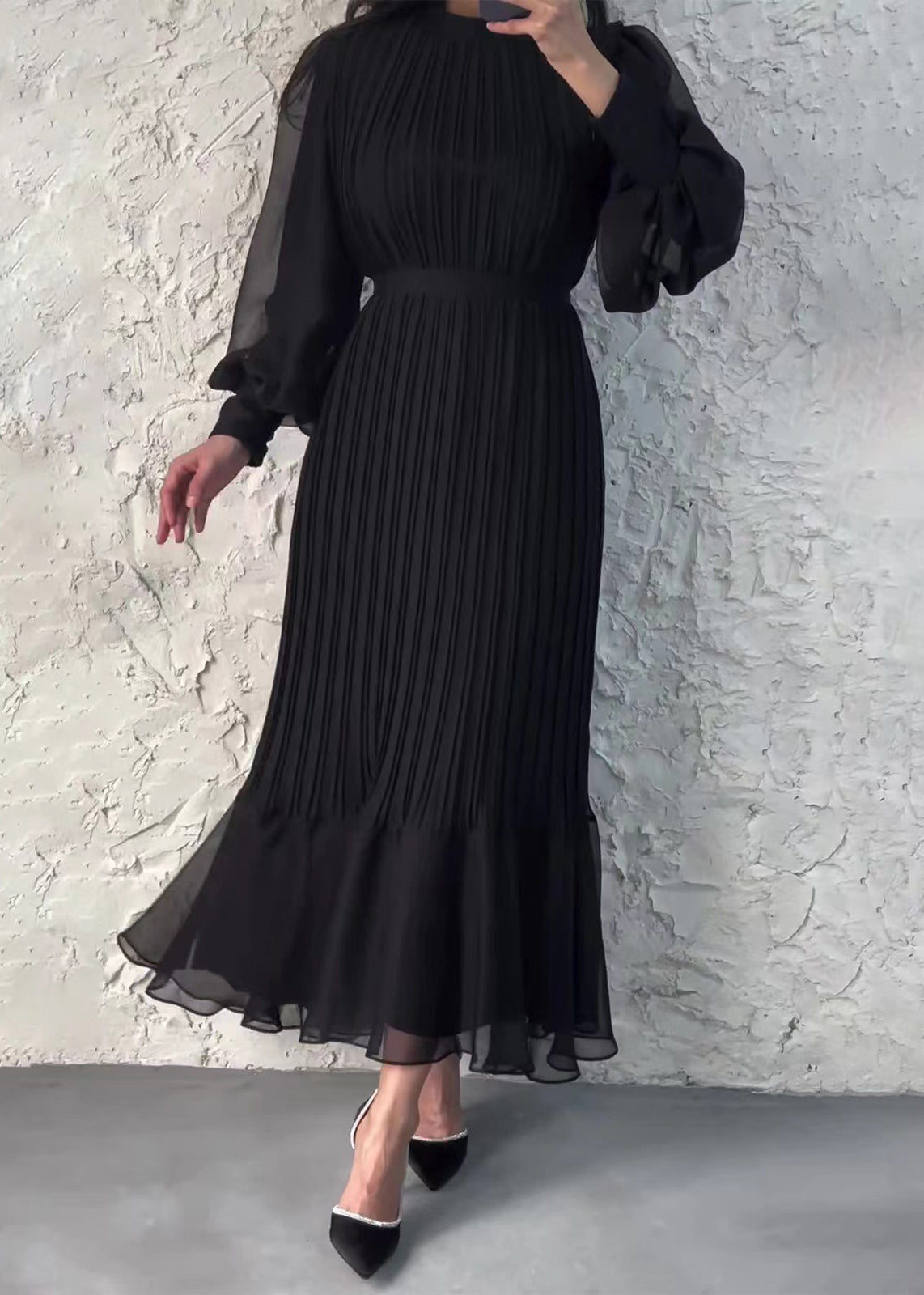 Chiffon Pleated Mock Neck Sheer Bishop Sleeve Ruffle Maxi Dress - View 2