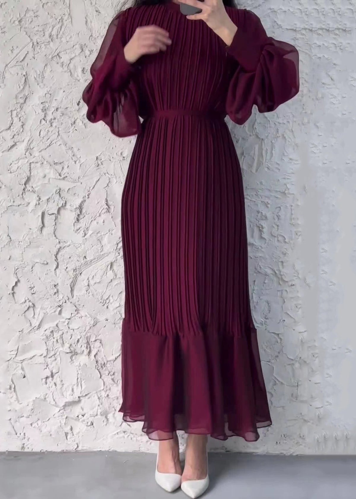 Chiffon Pleated Mock Neck Sheer Bishop Sleeve Ruffle Maxi Dress - View 3