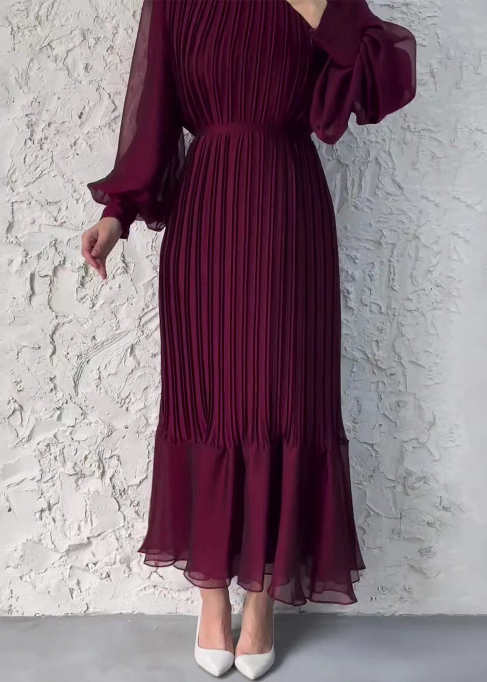 Chiffon Pleated Mock Neck Sheer Bishop Sleeve Ruffle Maxi Dress - View 4