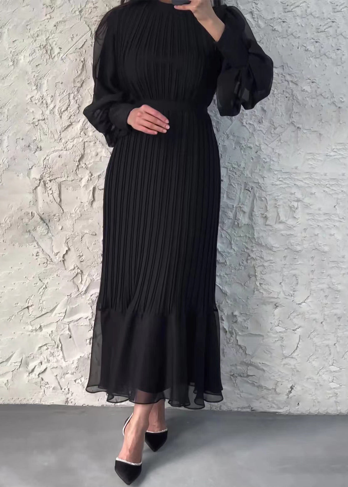 Chiffon Pleated Mock Neck Sheer Bishop Sleeve Ruffle Maxi Dress - View 5
