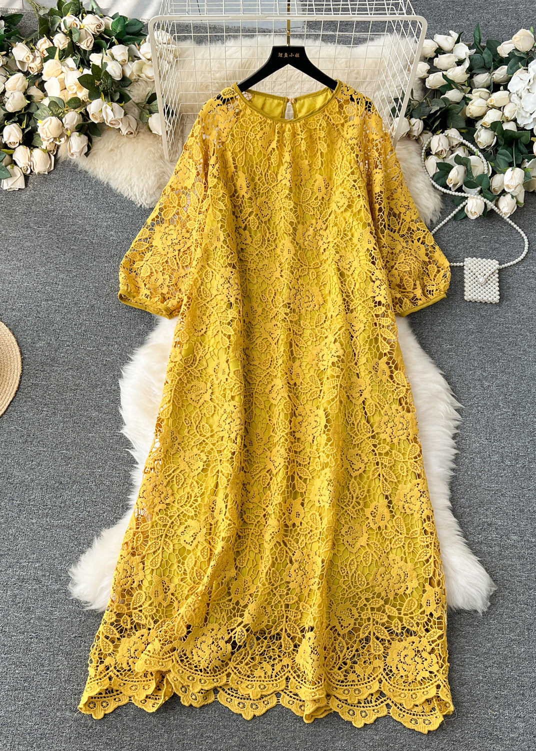 Floral Lace Crew Neck Keyhole Back Three Quarter Midi Dress