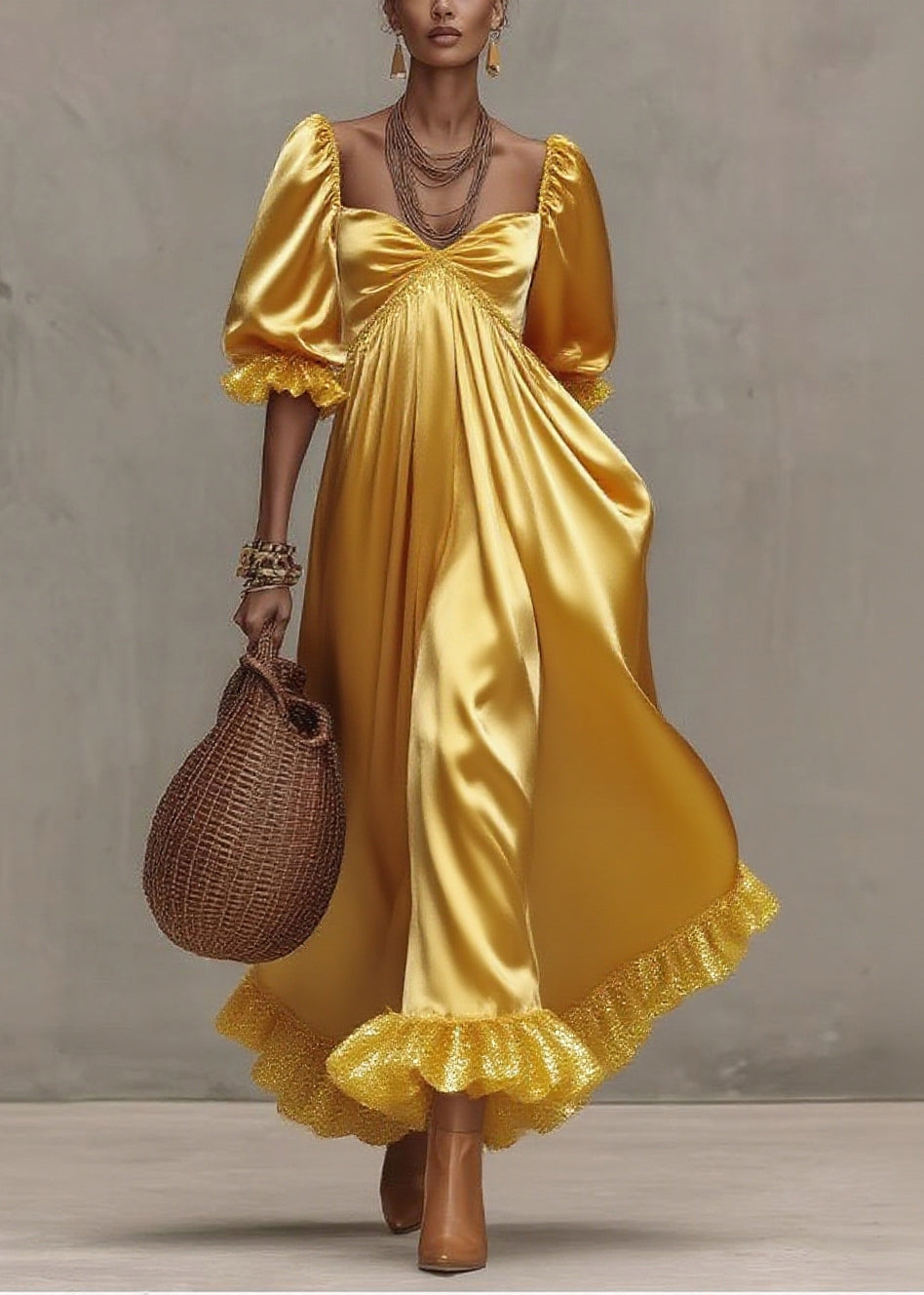 Satin Sweetheart Neck Puff Sleeve Ruffle Cuff Empire Waist Maxi Gown