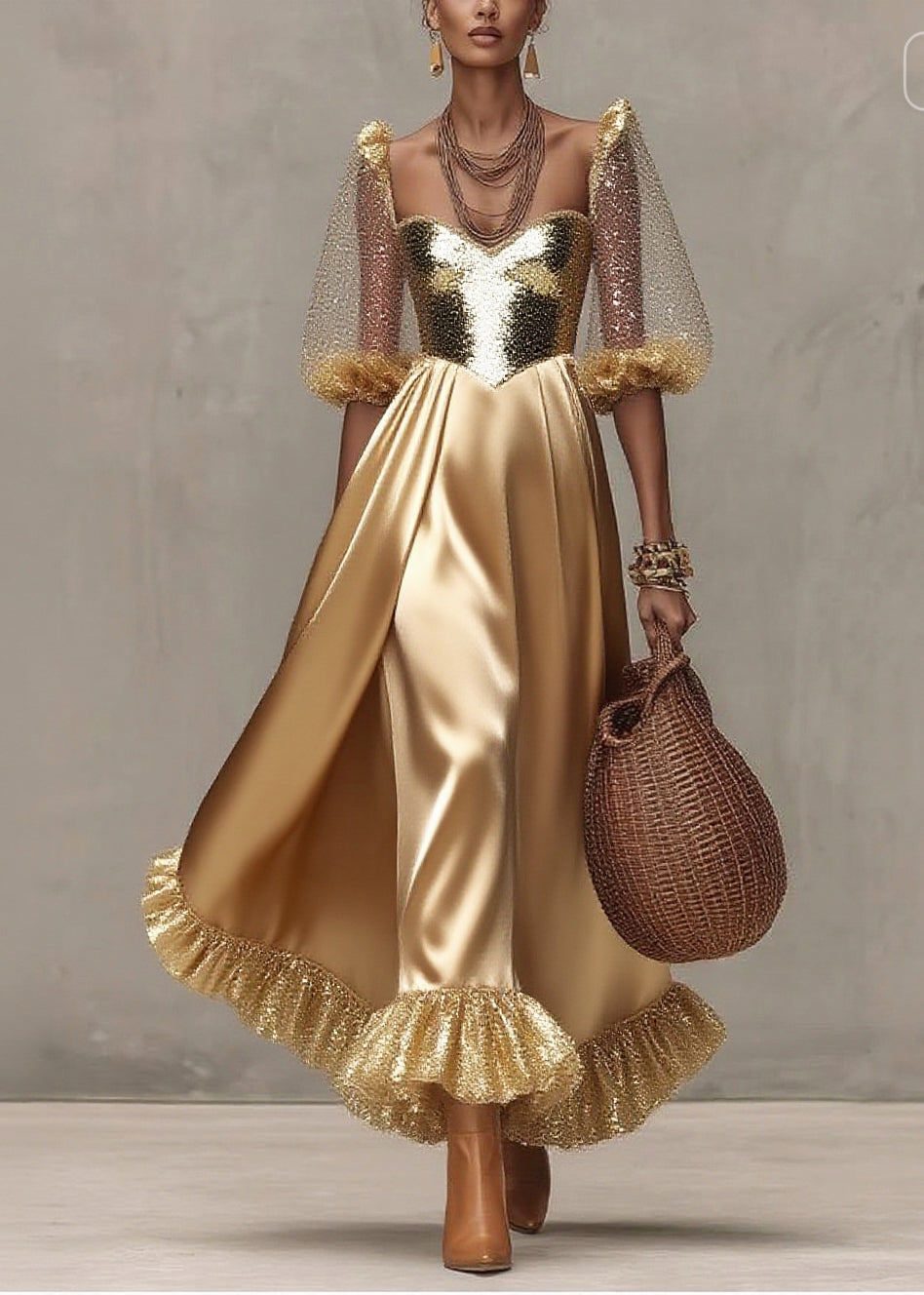 Sequin Sweetheart Puff Sleeve Bustier Ruffle Hem Maxi Evening Dress - View 3