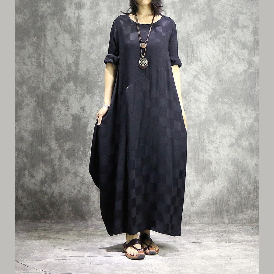 Check Print Round Neck Short Sleeve Pleated Cocoon Maxi Dress - View 2