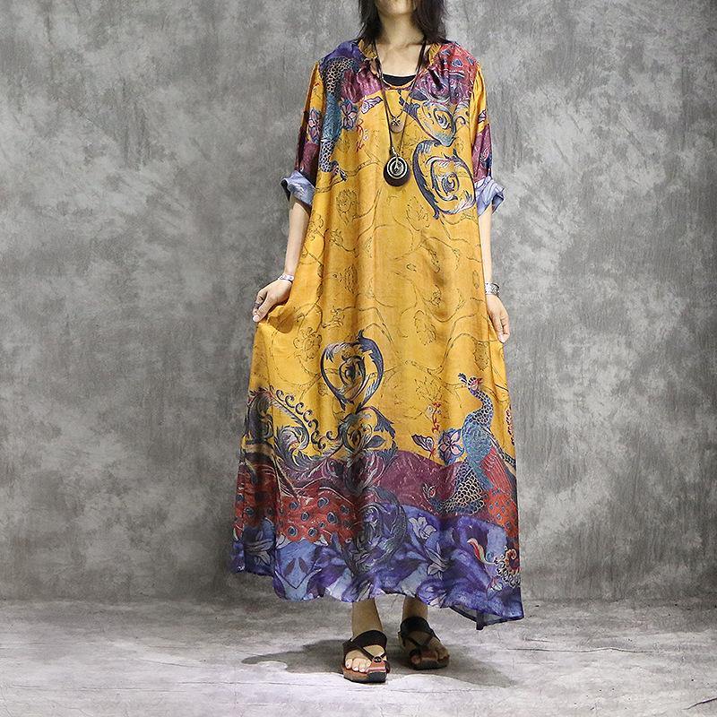 Chiffon Round Neck Long Sleeve Oversized Kaftan Maxi Dress