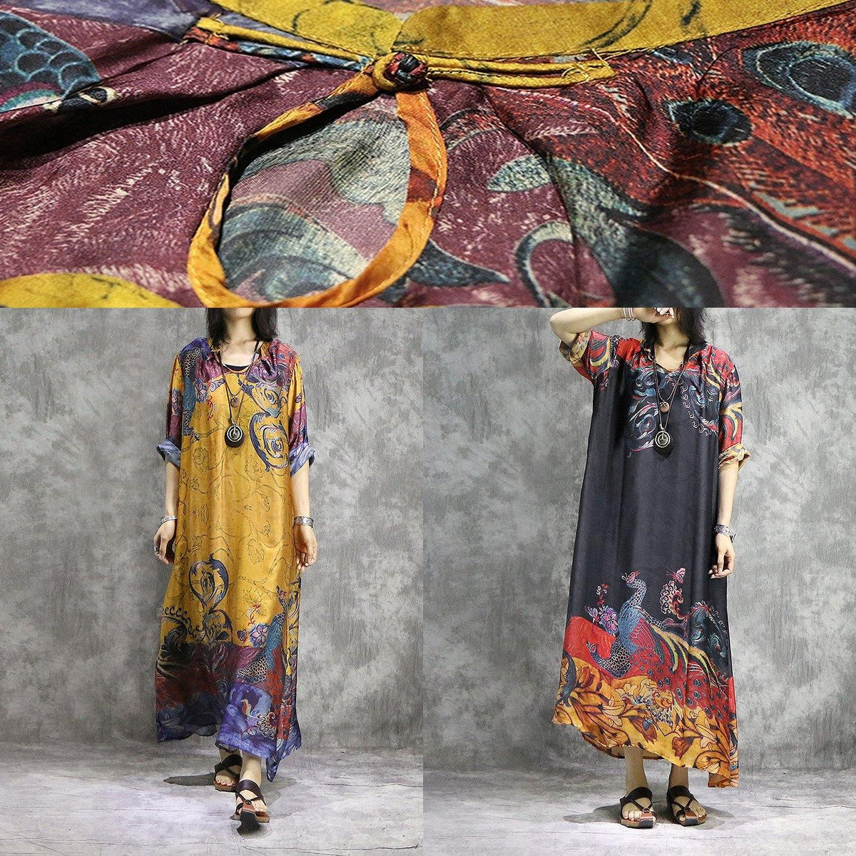 Chiffon Round Neck Long Sleeve Oversized Kaftan Maxi Dress - View 5