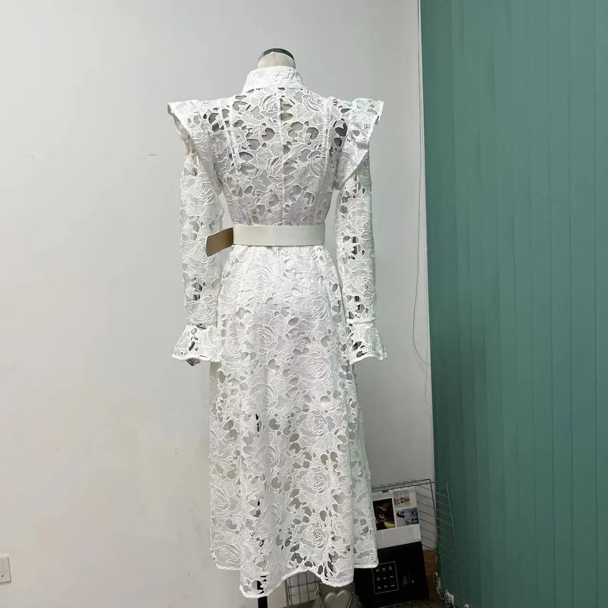 Lace Ruffle Shoulder Button Front Belted Long Sleeve Midi Dress - View 2