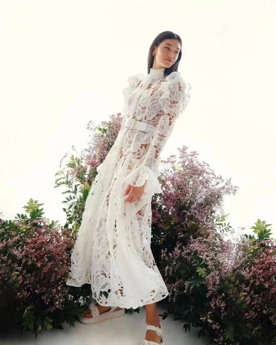 Lace Ruffle Shoulder Button Front Belted Long Sleeve Midi Dress - View 4