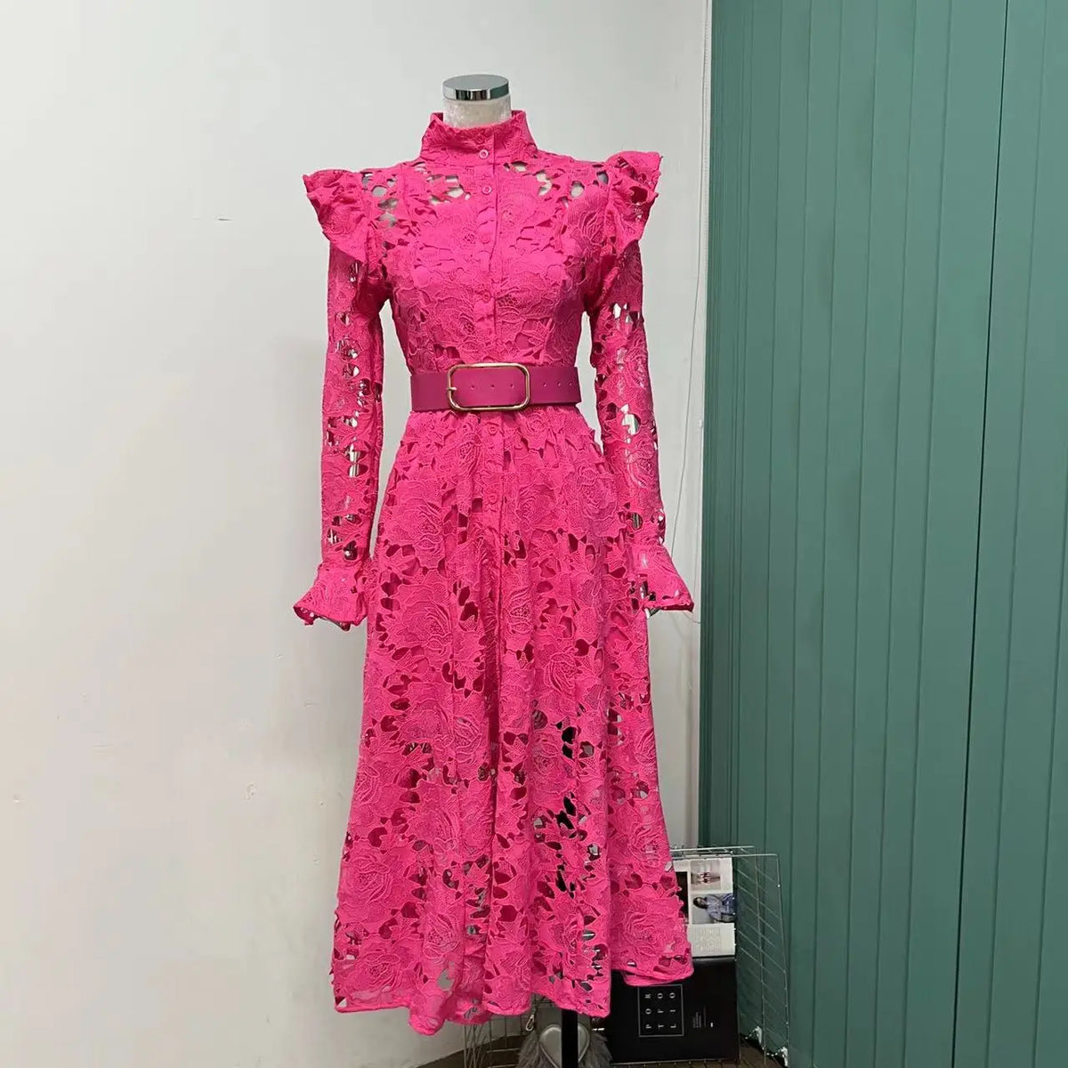 Lace Ruffle Shoulder Button Front Belted Long Sleeve Midi Dress - View 3