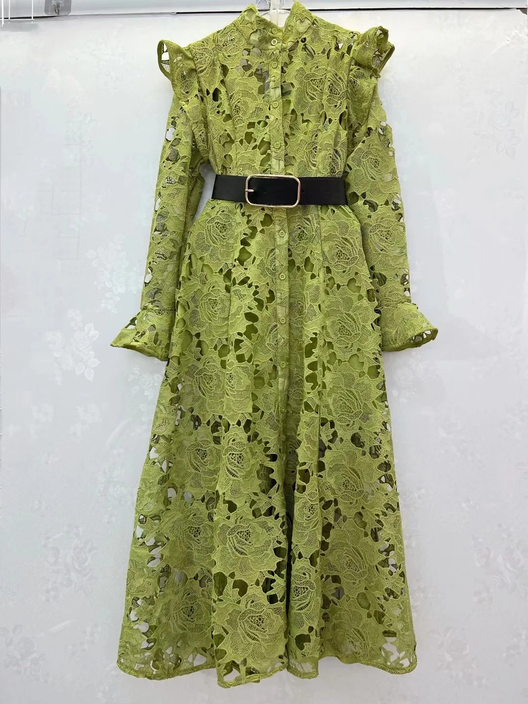 Lace Ruffle Shoulder Button Front Belted Long Sleeve Midi Dress - View 9