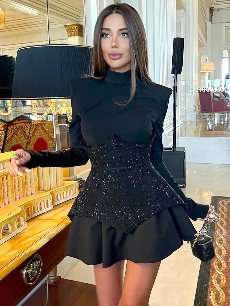 Long Sleeve High Neck Rhinestone Corset Ruffle Mini Dress - View 4