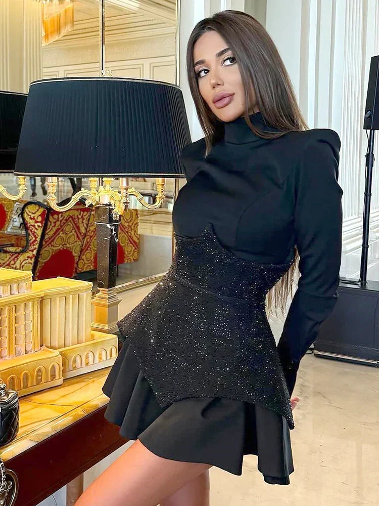 Long Sleeve High Neck Rhinestone Corset Ruffle Mini Dress - View 3