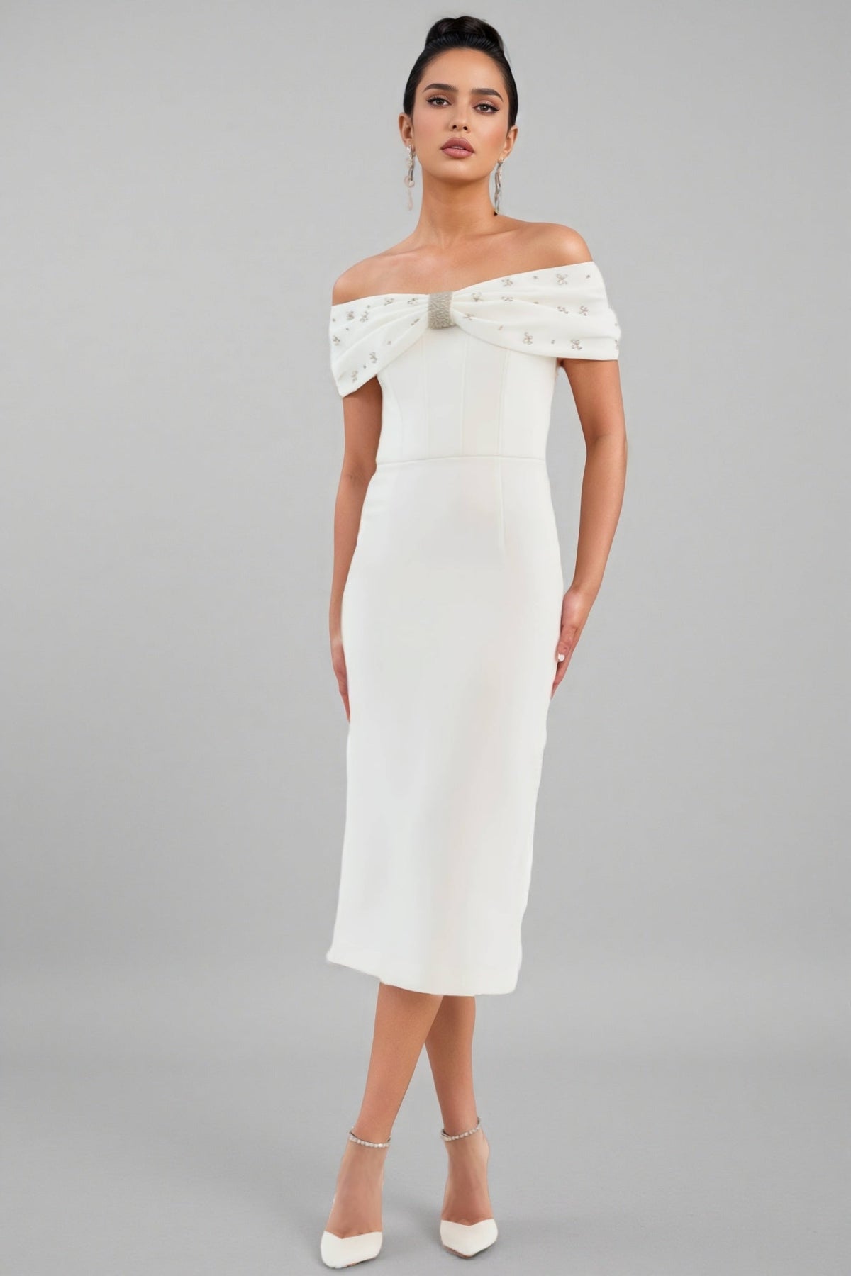 Zivaf White Beaded Rhinestone Midi Dress