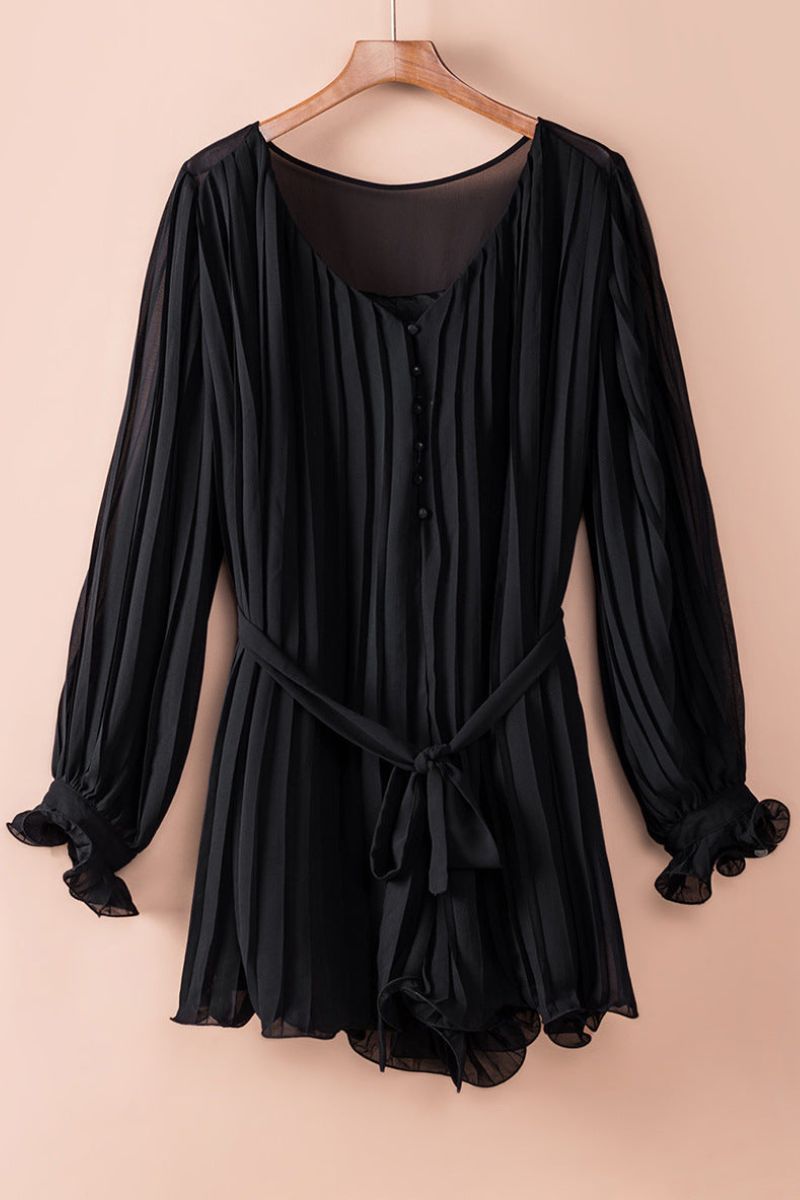 Pleated Deep V-Neck Balloon Sleeve Tie Waist Mini Dress - View 8