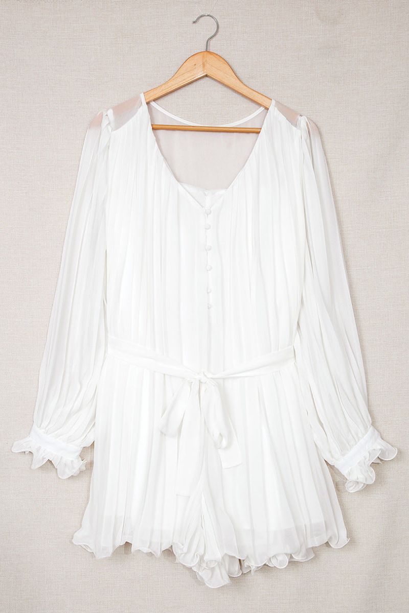 Pleated Deep V-Neck Balloon Sleeve Tie Waist Mini Dress - View 6