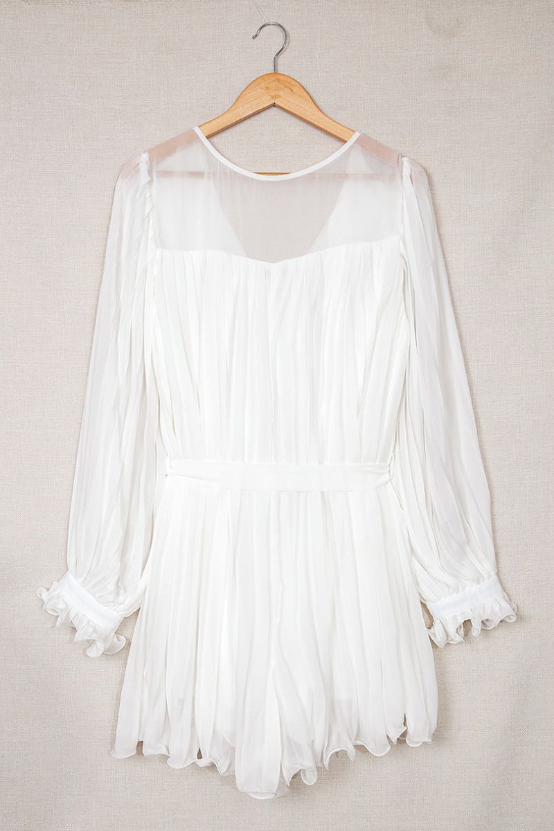 Pleated Deep V-Neck Balloon Sleeve Tie Waist Mini Dress - View 5