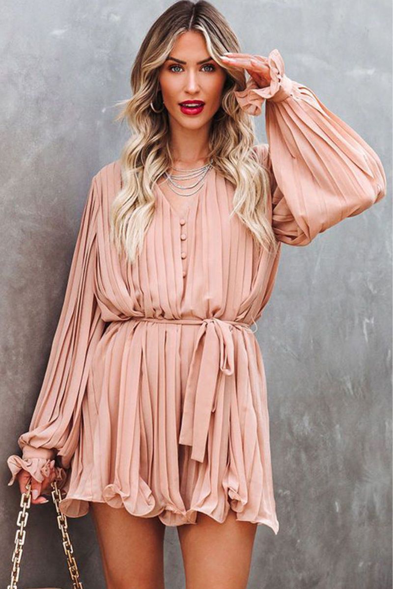 Pleated Deep V-Neck Balloon Sleeve Tie Waist Mini Dress - View 4