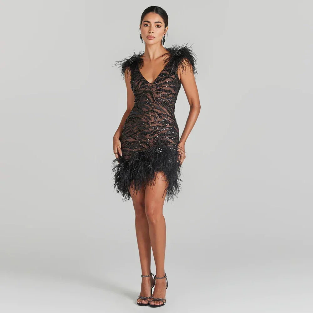 Sequined V-Neck Party Dress Champagne / Xs Partydress-241208