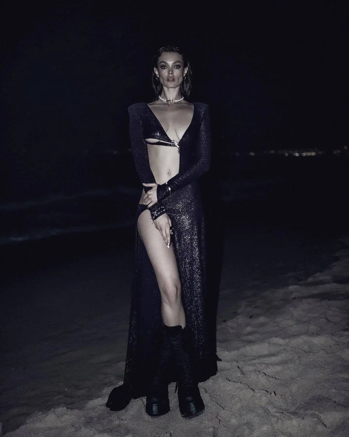 Deep V-Neck Long Sleeve Cut Out High Split Glitter Maxi Dress 4