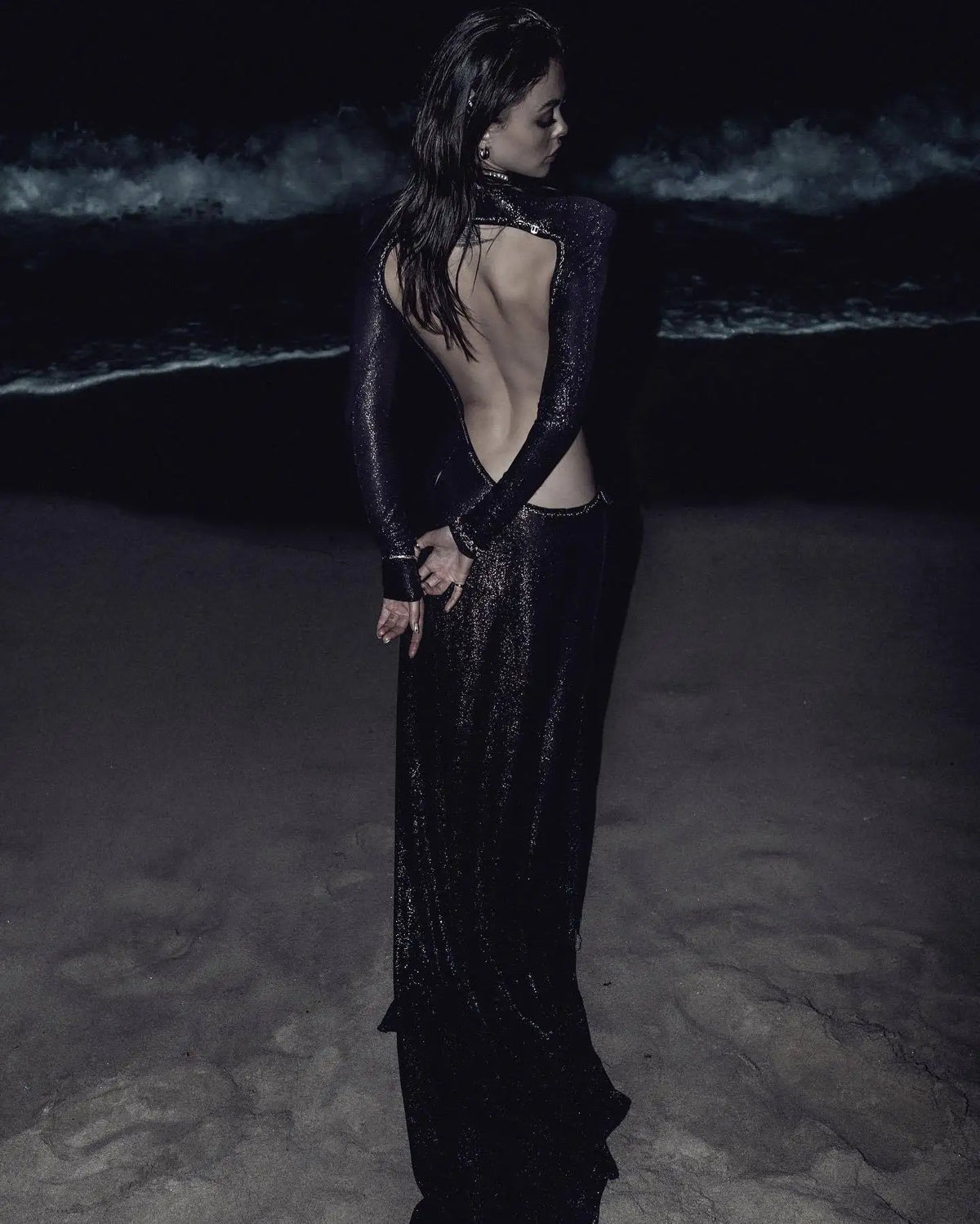 Deep V-Neck Long Sleeve Cut Out High Split Glitter Maxi Dress 5