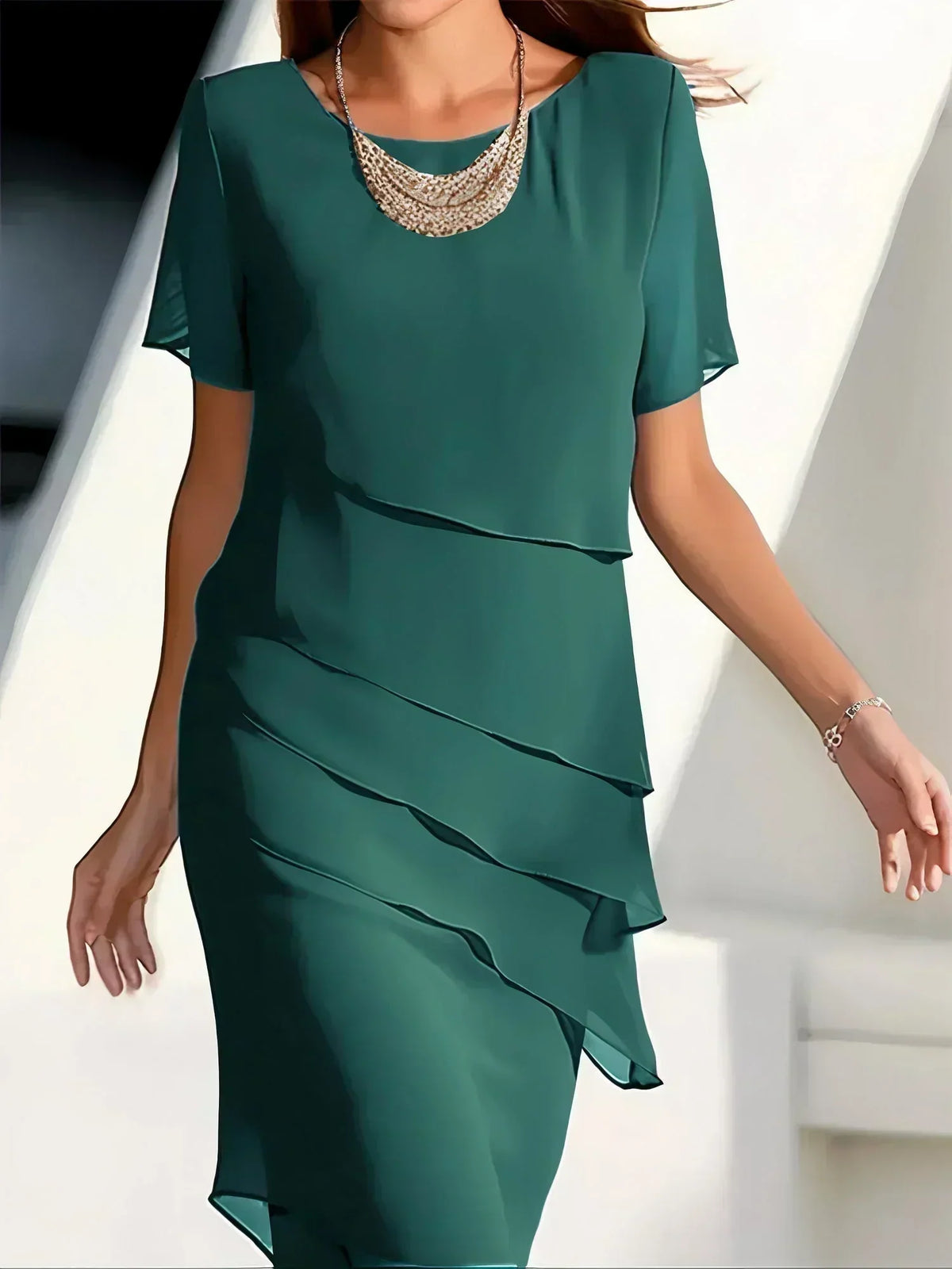 Chiffon Beaded Neckline Flutter Sleeve Asymmetrical Tiered Midi Dress - View 3