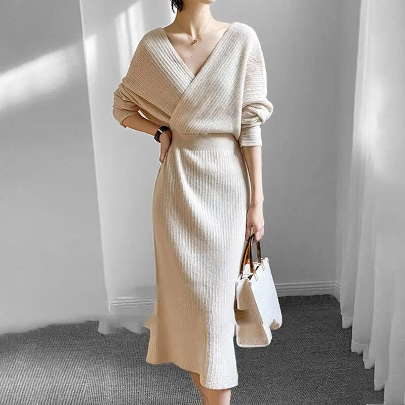 Ribbed Knit Deep V-Neck Wrap Front Long Sleeve Bodycon Midi Dress - View 3