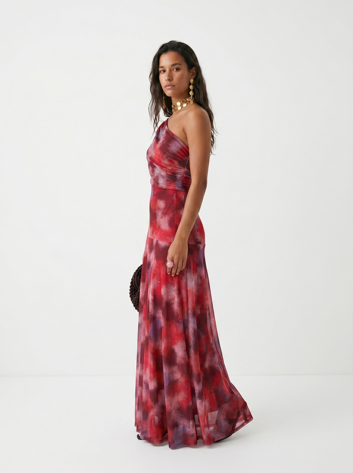 Abstract Print Chiffon One Shoulder Ruched Maxi Gown 5