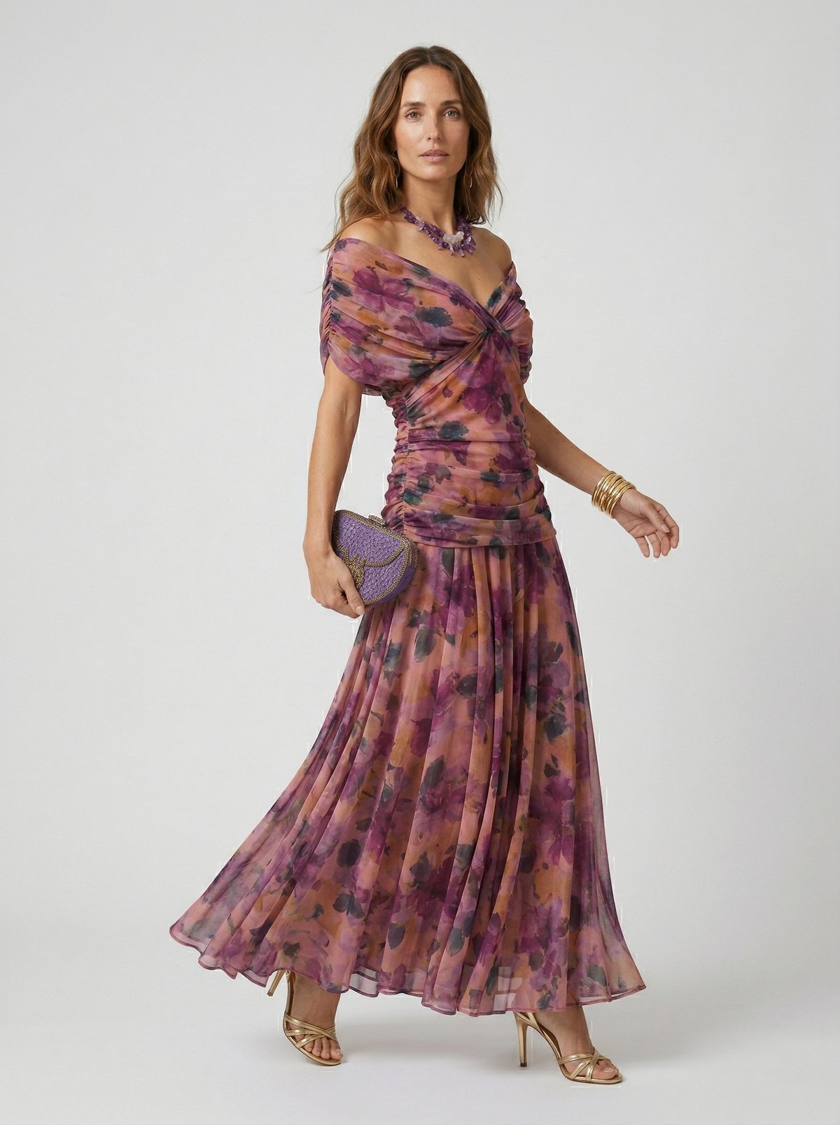 Floral Chiffon Off Shoulder Ruched Wedding Guest Dress 4