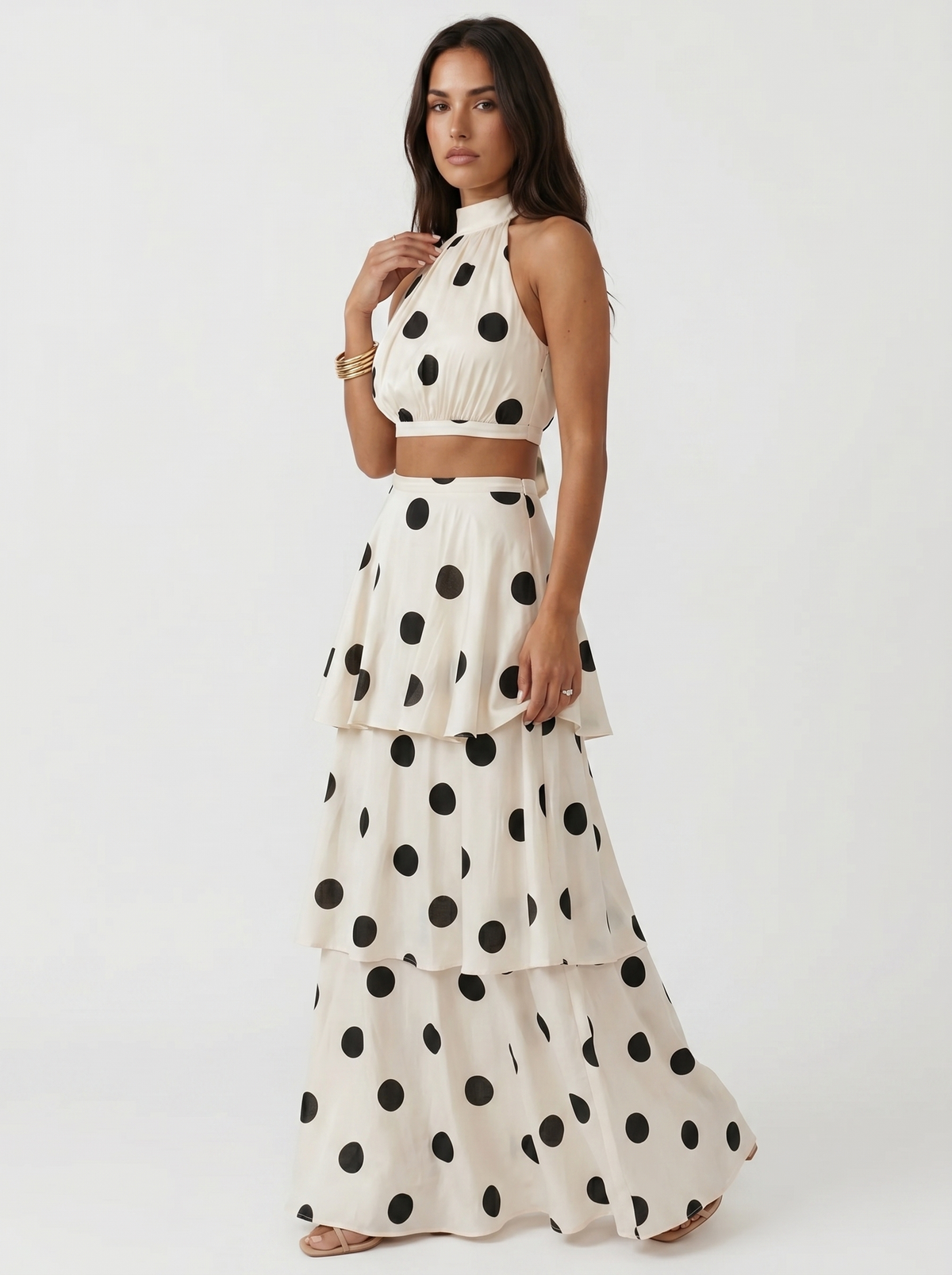 Polka Dot Halter Crop Top and Tiered Maxi Skirt Two Piece Set 3