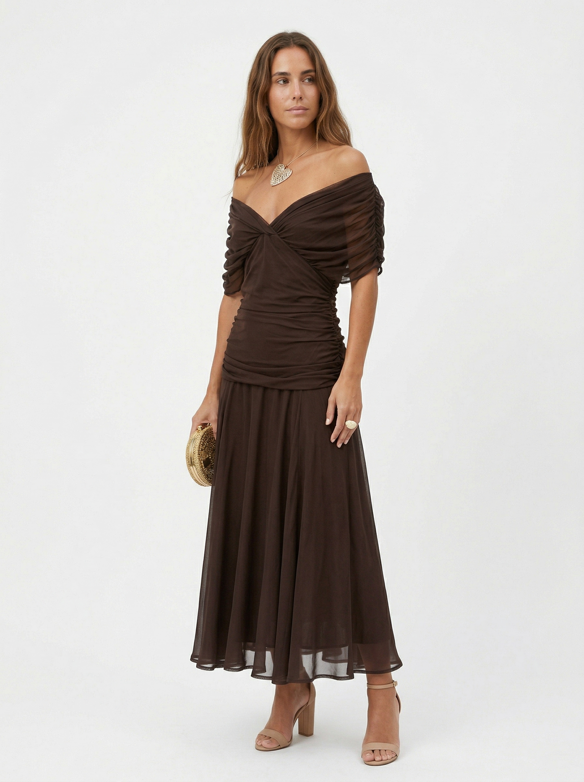 Floral Chiffon Off Shoulder Ruched Wedding Guest Dress 14