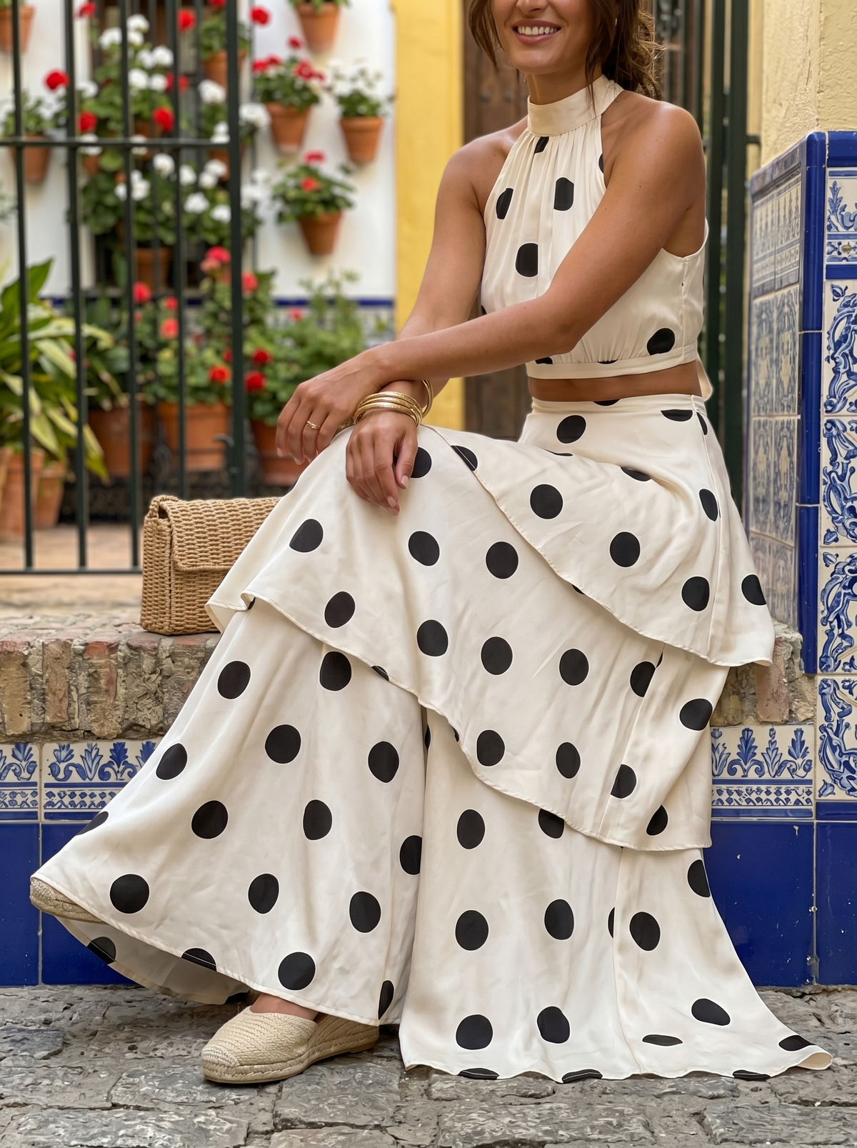 Polka Dot Halter Crop Top and Tiered Maxi Skirt Two Piece Set 5