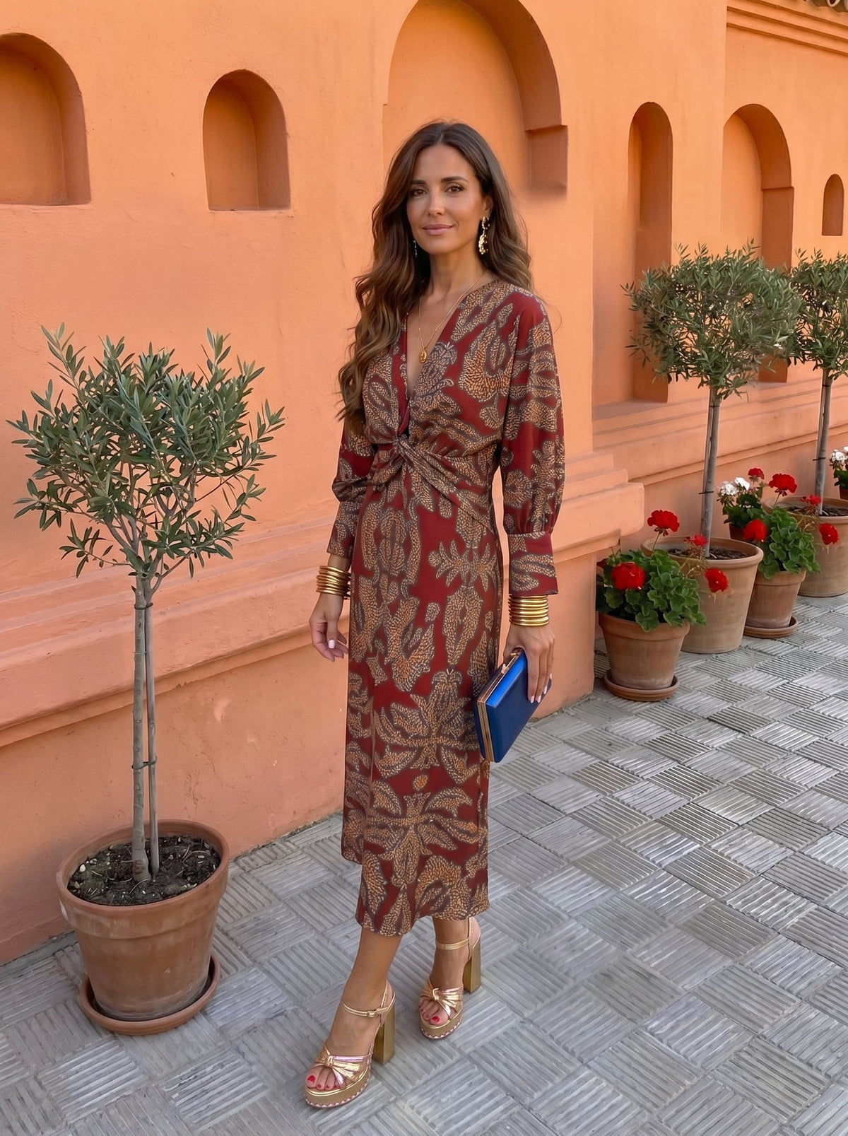 Botanical Print Deep V-Neck Twist Front Long Sleeve Midi Dress 4