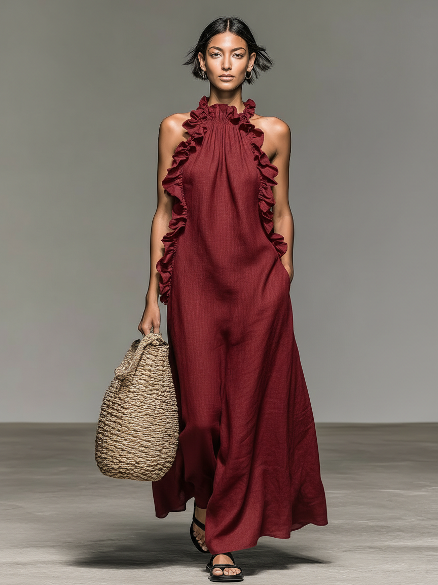 Ruffle Trim Halter Neck Sleeveless Maxi Dress 5