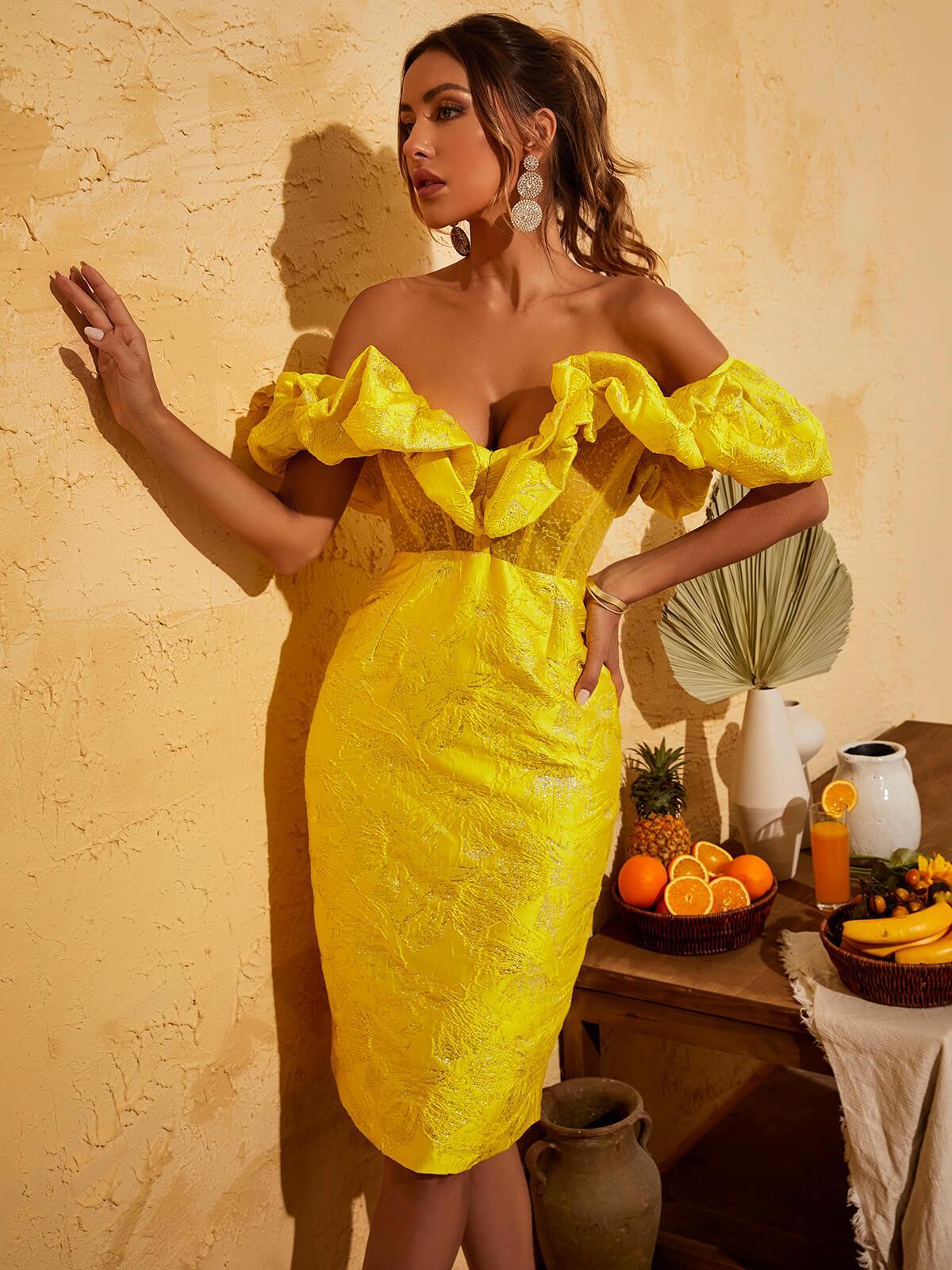 Jacquard Off Shoulder Ruffle Sweetheart Bodycon Midi Dress - View 3