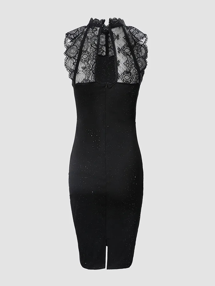 Glitter Lace High Neck Sleeveless Bodycon Cocktail Dress - View 4