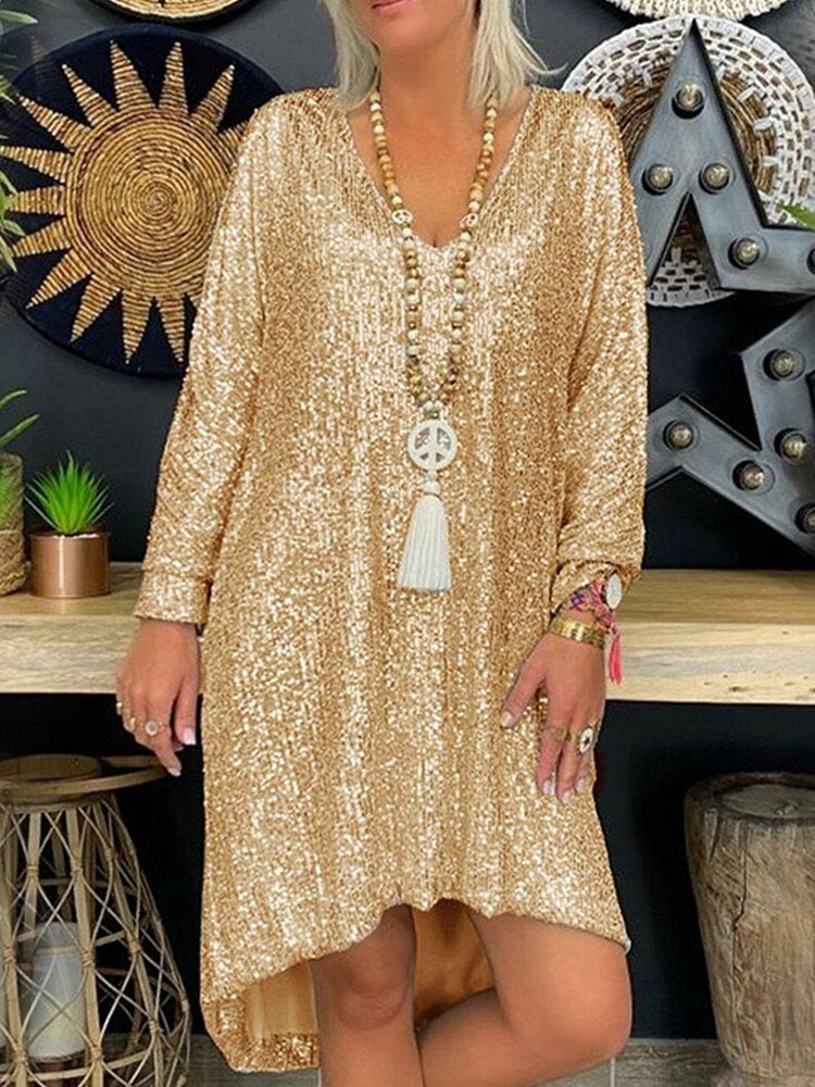 Sequin Deep V-Neck Long Sleeve Oversized Shift Mini Party Dress - View 2